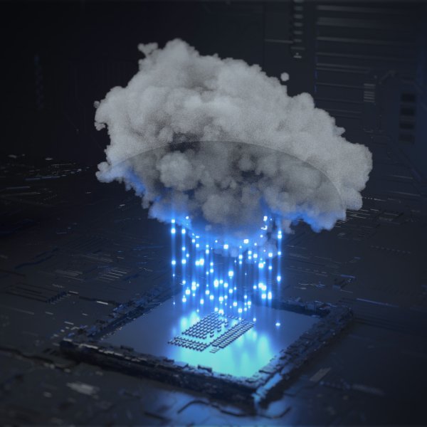 cloud computing represented into a cloud soaking up data streams from hardware